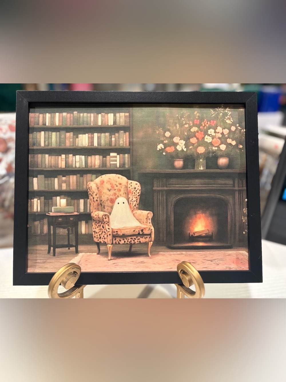 Framed Cozy Library 8x10 Art Print with Floral Fireplace